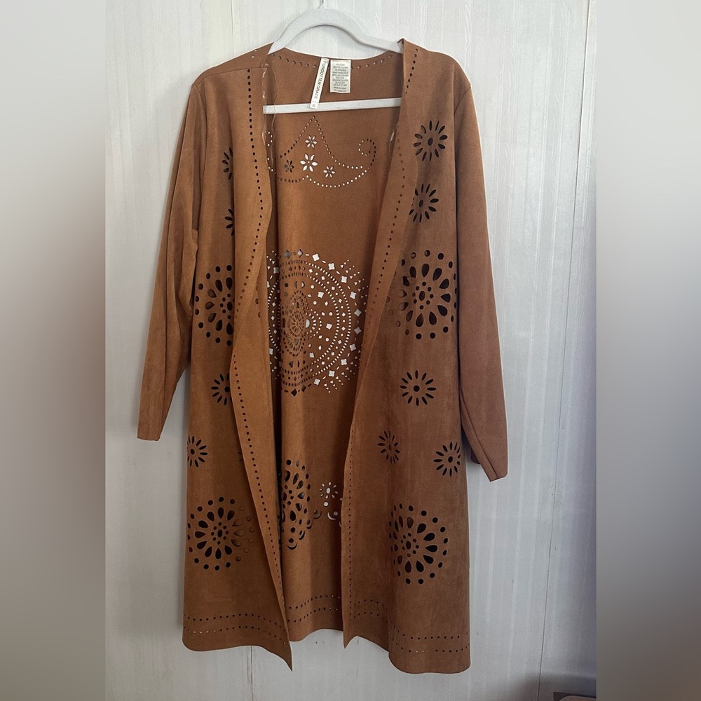 Forgotten Grace Brown Faux Suede Cutout Design Open Cardigan Duster